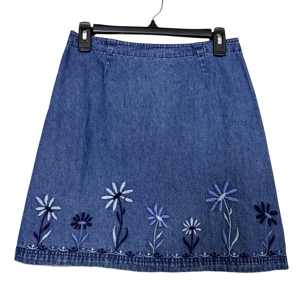 Vintageโ 90s Route 66 Denim Mini Skirt Sz 9/10 Blue Embroider Flowers Blossom